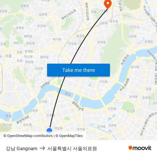 강남 Gangnam to 서울특별시 서울의료원 map