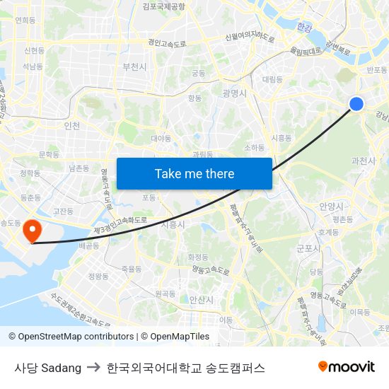 사당 Sadang to 한국외국어대학교 송도캠퍼스 map