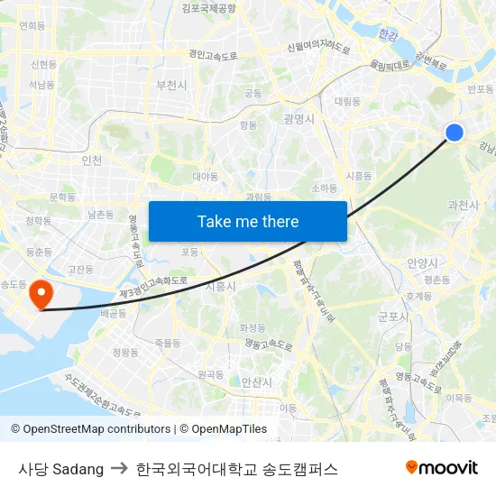 사당 Sadang to 한국외국어대학교 송도캠퍼스 map