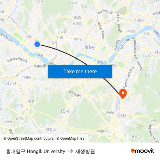 홍대입구 Hongik University to 재생병원 map