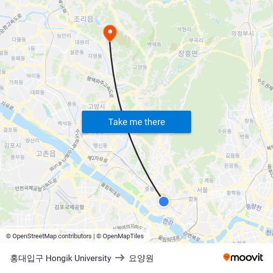 홍대입구 Hongik University to 요양원 map