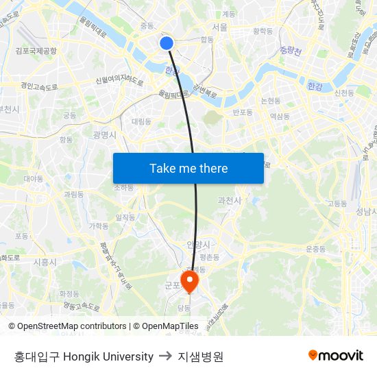 홍대입구 Hongik University to 지샘병원 map