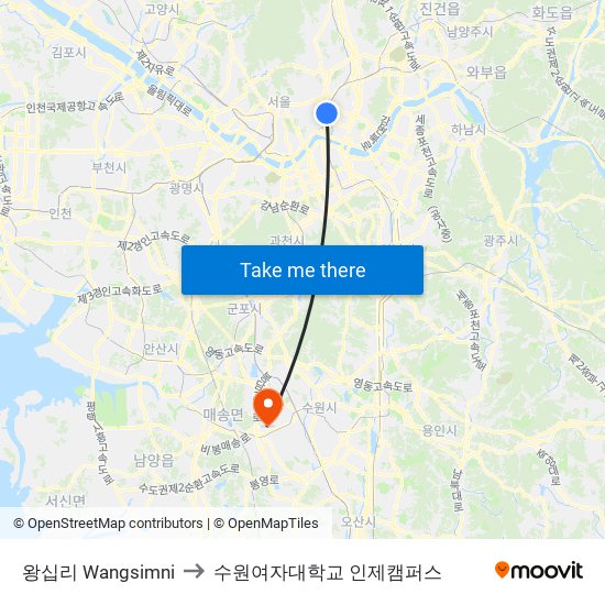 왕십리 Wangsimni to 수원여자대학교 인제캠퍼스 map