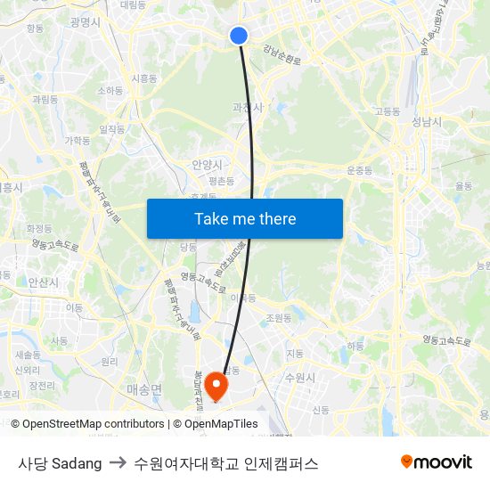 사당 Sadang to 수원여자대학교 인제캠퍼스 map