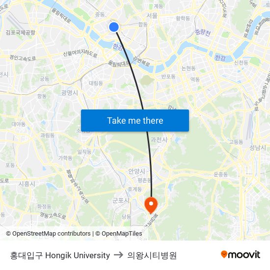 홍대입구 Hongik University to 의왕시티병원 map