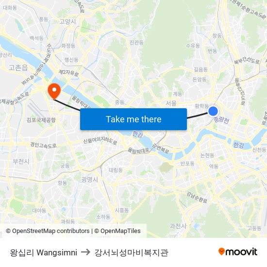 왕십리 Wangsimni to 강서뇌성마비복지관 map