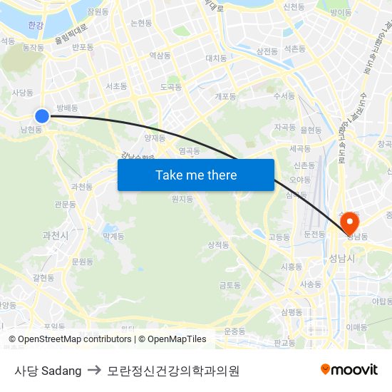 사당 Sadang to 모란정신건강의학과의원 map