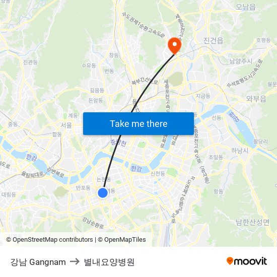 강남 Gangnam to 별내요양병원 map