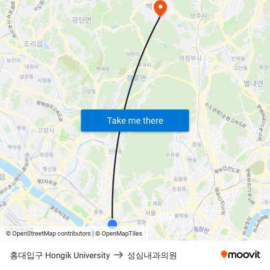 홍대입구 Hongik University to 성심내과의원 map