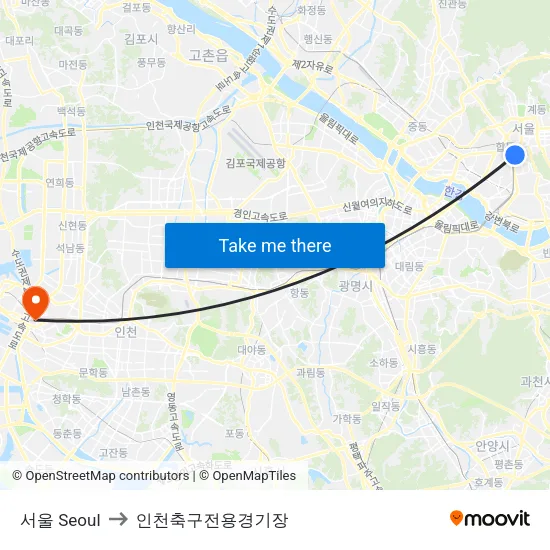 서울 Seoul to 인천축구전용경기장 map