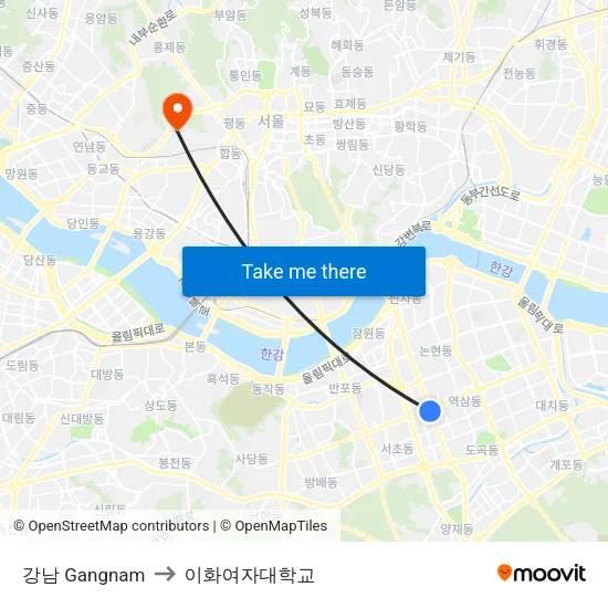 강남 Gangnam to 이화여자대학교 map
