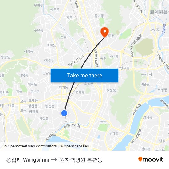 왕십리 Wangsimni to 원자력병원 본관동 map