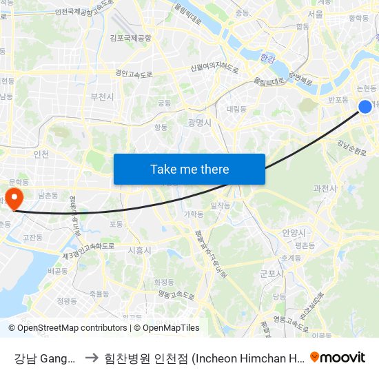 강남 Gangnam to 힘찬병원 인천점 (Incheon Himchan Hospital) map