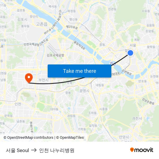 서울 Seoul to 인천 나누리병원 map