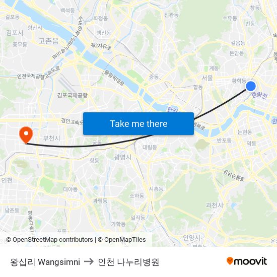 왕십리 Wangsimni to 인천 나누리병원 map