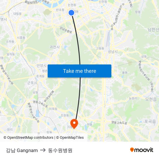 강남 Gangnam to 동수원병원 map