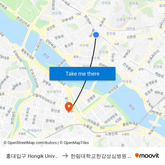 홍대입구 Hongik University to 한림대학교한강성심병원 1별관 map