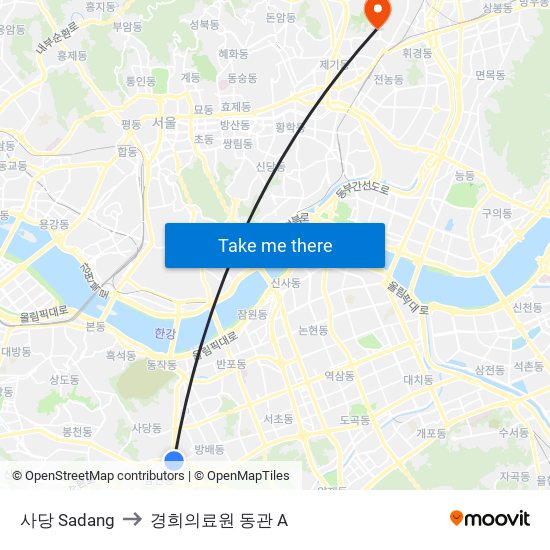 사당 Sadang to 경희의료원 동관 A map