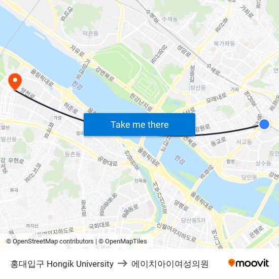 홍대입구 Hongik University to 에이치아이여성의원 map