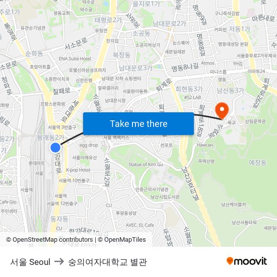 서울 Seoul to 숭의여자대학교 별관 map