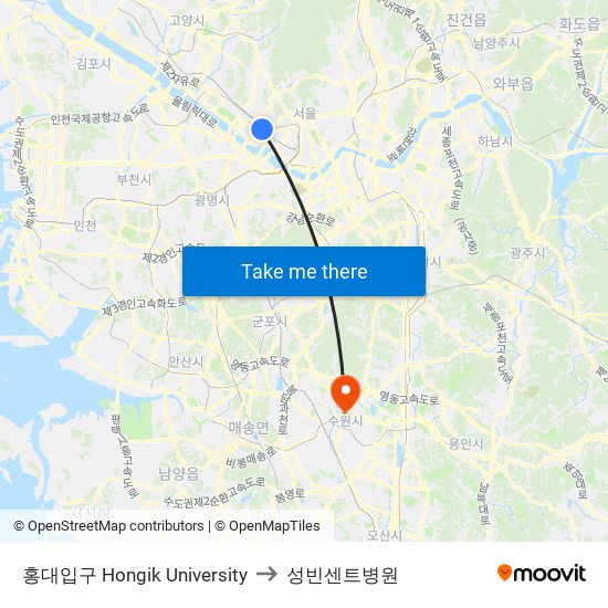 홍대입구 Hongik University to 성빈센트병원 map