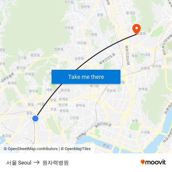 서울 Seoul to 원자력병원 map