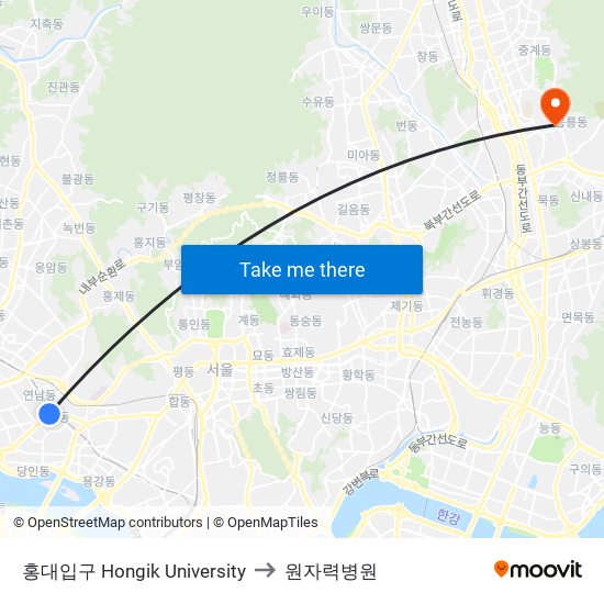 홍대입구 Hongik University to 원자력병원 map