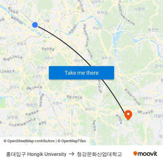 홍대입구 Hongik University to 청강문화산업대학교 map