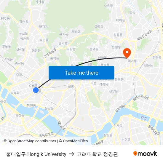 홍대입구 Hongik University to 고려대학교 정경관 map