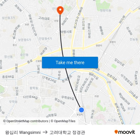 왕십리 Wangsimni to 고려대학교 정경관 map