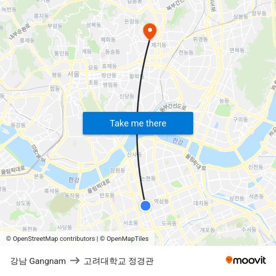 강남 Gangnam to 고려대학교 정경관 map