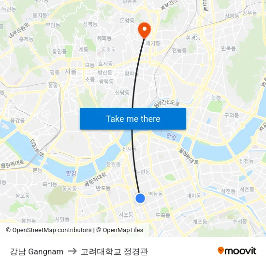 강남 Gangnam to 고려대학교 정경관 map