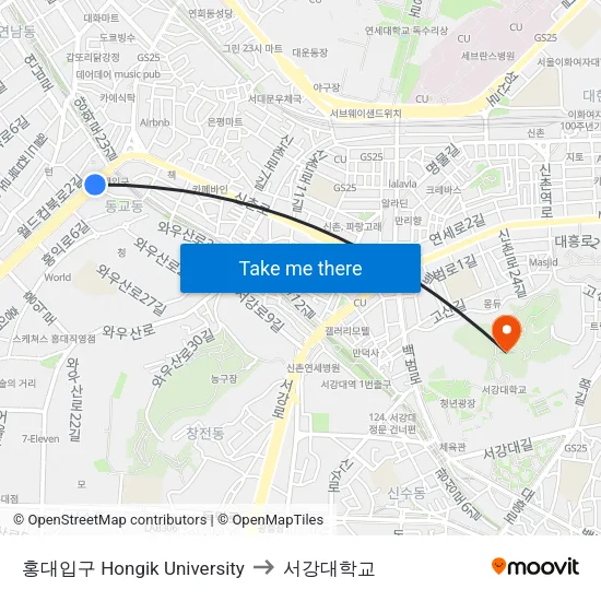 홍대입구 Hongik University to 서강대학교 map