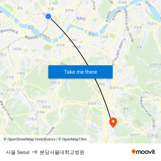 서울 Seoul to 분당서울대학교병원 map