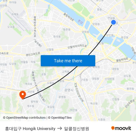 홍대입구 Hongik University to 알콜정신병원 map