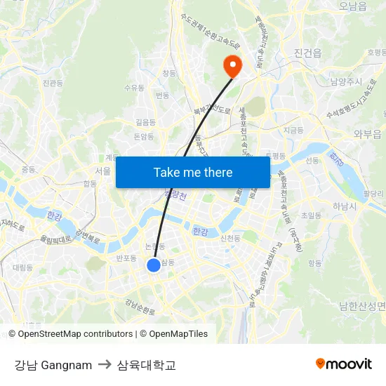 강남 Gangnam to 삼육대학교 map