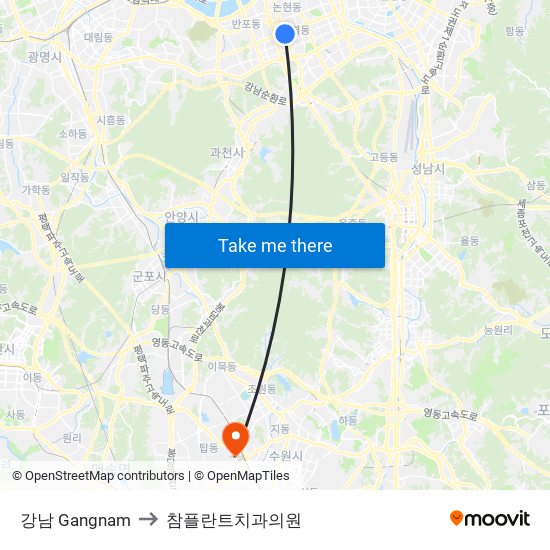 강남 Gangnam to 참플란트치과의원 map