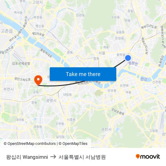 왕십리 Wangsimni to 서울특별시 서남병원 map