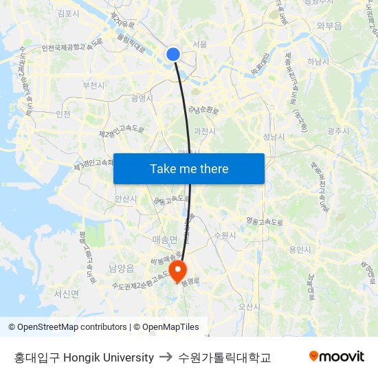 홍대입구 Hongik University to 수원가톨릭대학교 map