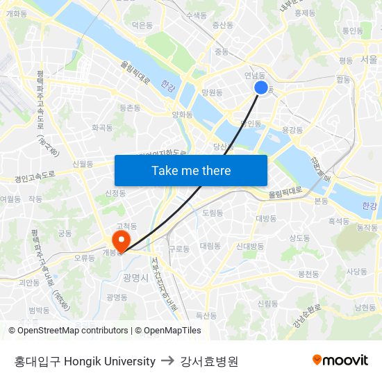 홍대입구 Hongik University to 강서효병원 map