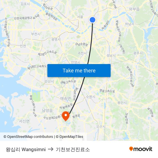 왕십리 Wangsimni to 기천보건진료소 map