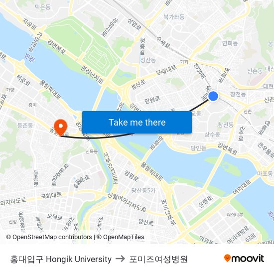 홍대입구 Hongik University to 포미즈여성병원 map