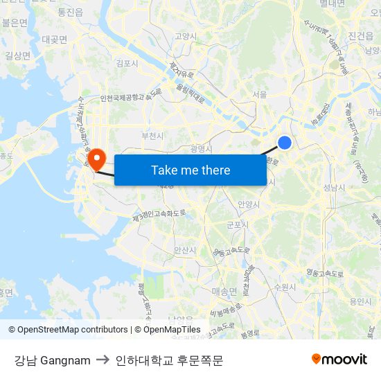 강남 Gangnam to 인하대학교 후문쪽문 map