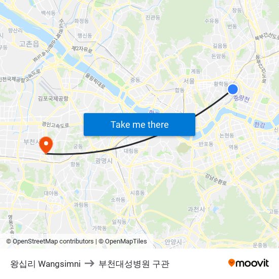 왕십리 Wangsimni to 부천대성병원 구관 map