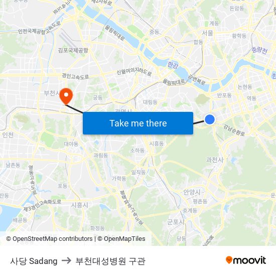 사당 Sadang to 부천대성병원 구관 map