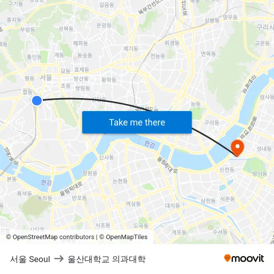 서울 Seoul to 울산대학교 의과대학 map