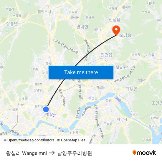 왕십리 Wangsimni to 남양주우리병원 map