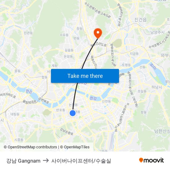 강남 Gangnam to 사이버나이프센터/수술실 map