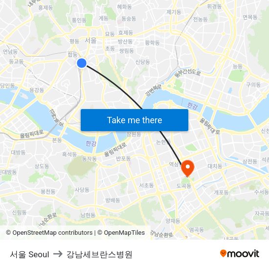 서울 Seoul to 강남세브란스병원 map