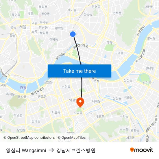 왕십리 Wangsimni to 강남세브란스병원 map